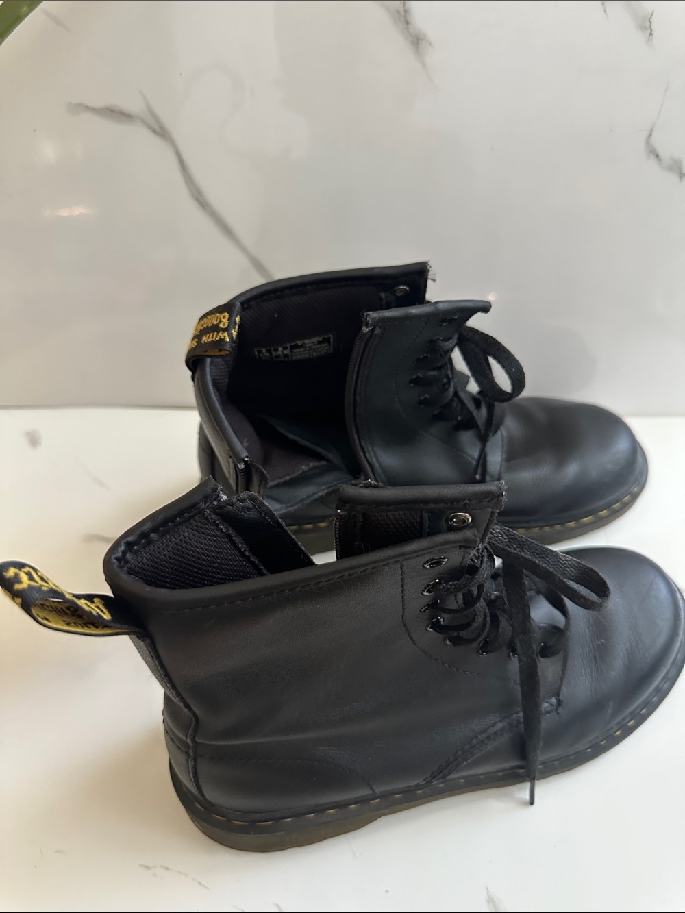 Black Lace-Up Combat Boots with Yellow Stitching - Women's Style: Doc Martins - Picture 9 of 10